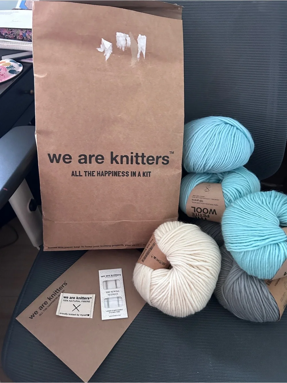 We Are Knitters Sweater kit in Light Blue, Cream, Gray.  Instructions included.